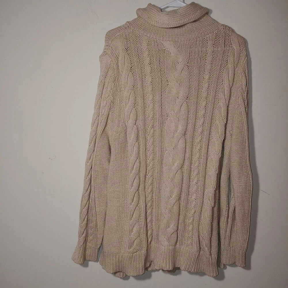 Women's Double L Mixed-Cable Funnelneck Cable Knit Sweater Sz 1X Oatmeal Heather
